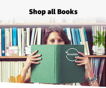 woman peaking over a green book cover with the rereadable book logo on it